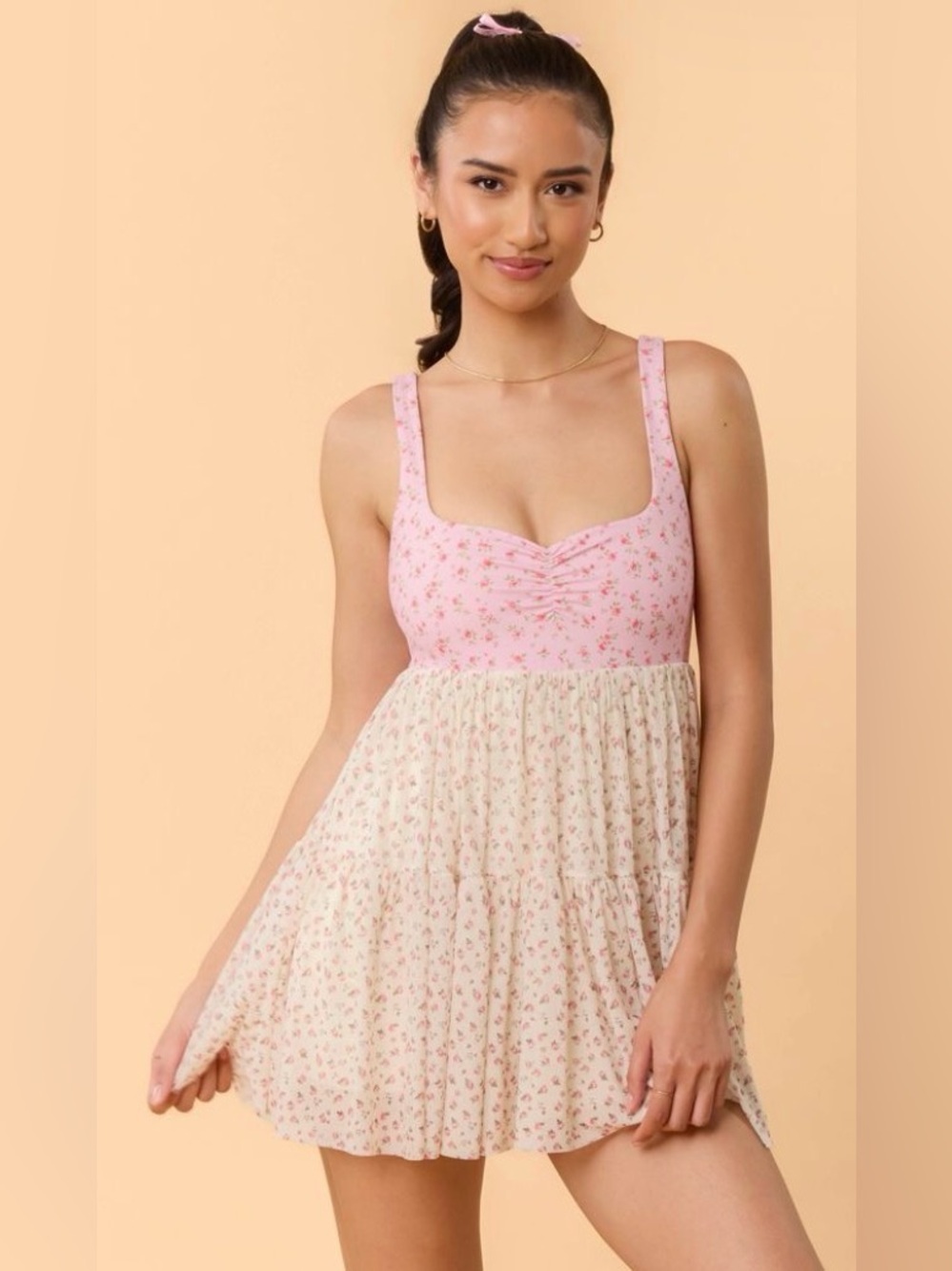 Blogilates Sweetheart Babydoll Dress Pink Floral Tiered Cream